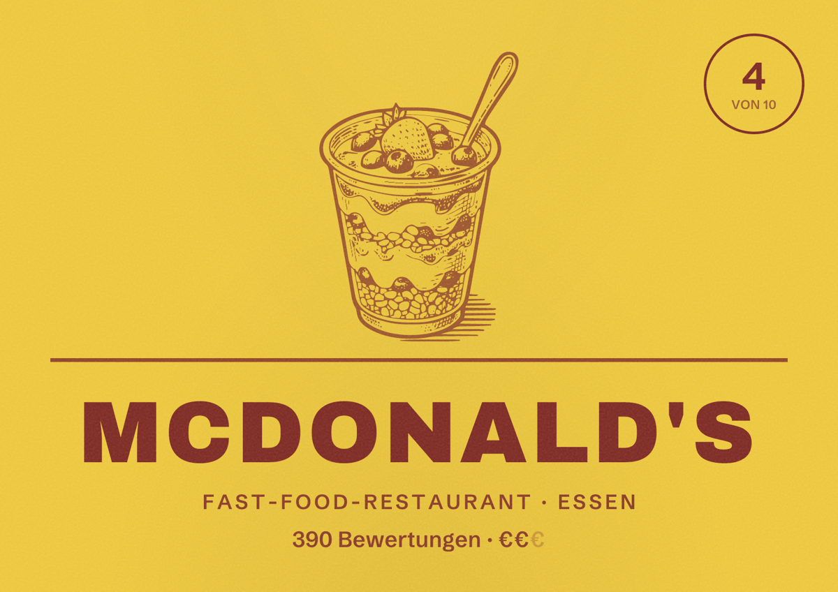 Illustriertes Poster von McDonald's, Fast-Food-Restaurant in Essen: Bewertung 4 von 10 aus 390 Bewertungen, Preisniveau €€
