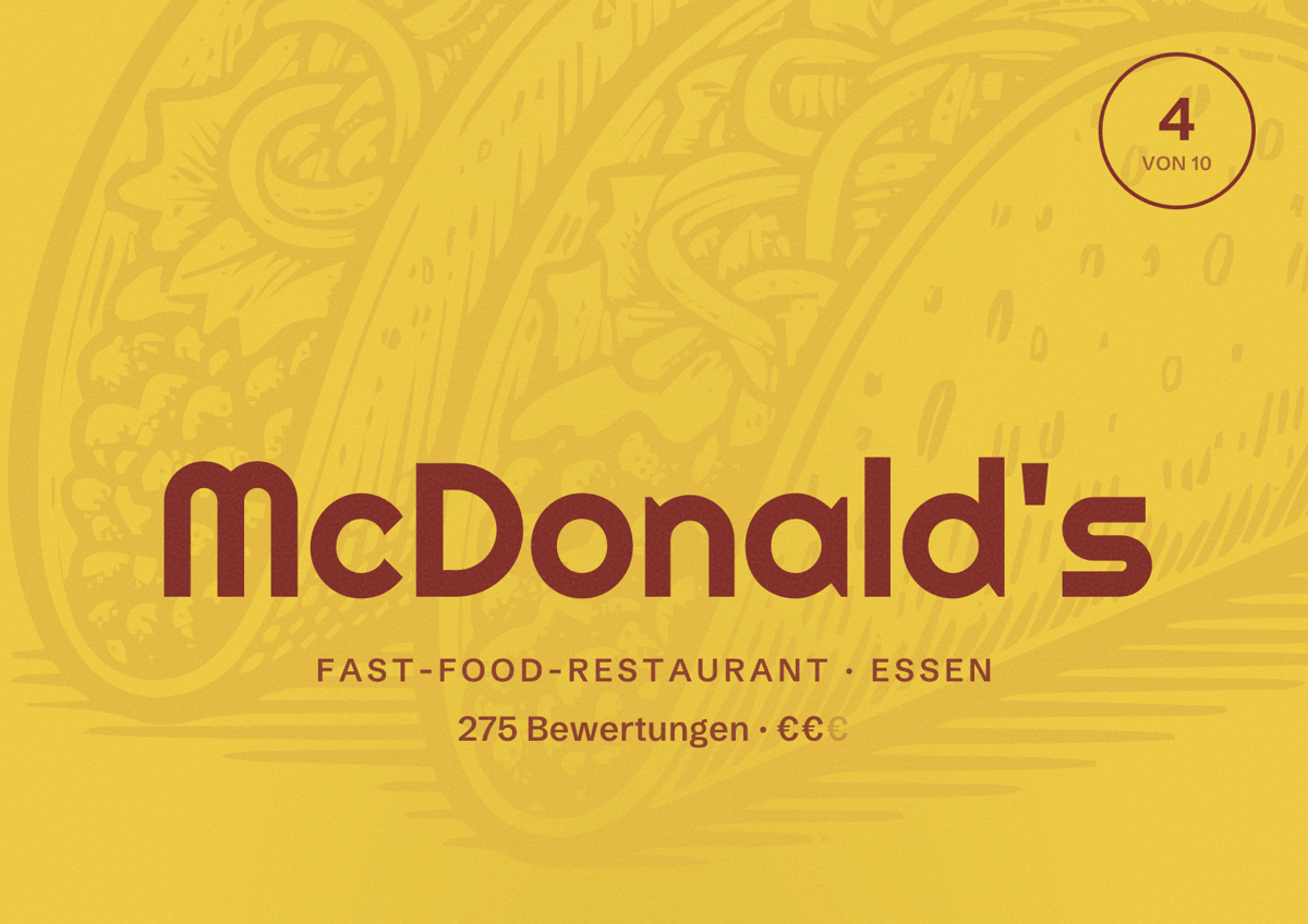 Illustriertes Poster von McDonald's, Fast-Food-Restaurant in Essen: Bewertung 4 von 10 aus 275 Bewertungen, Preisniveau €€