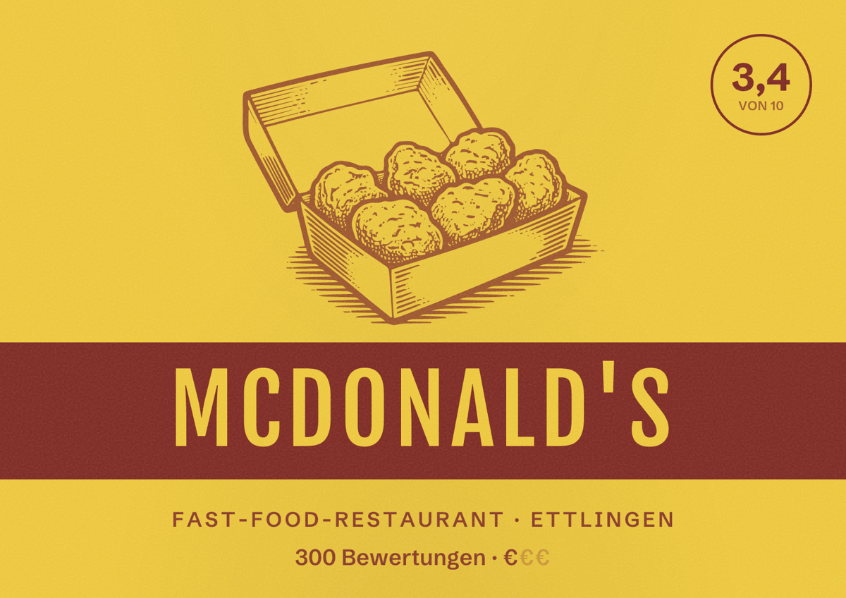 Illustriertes Poster von McDonald's, Fast-Food-Restaurant in Ettlingen: Bewertung 3,4 von 10 aus 300 Bewertungen, Preisniveau €