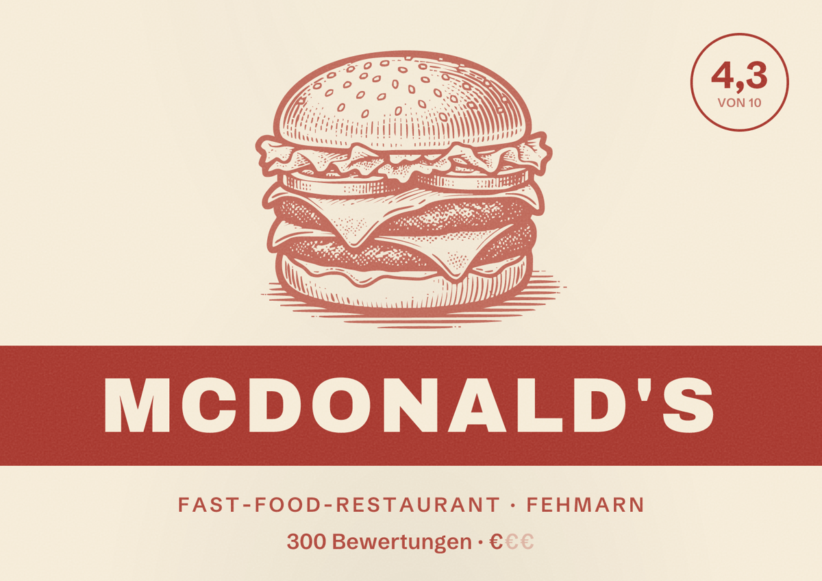 Illustriertes Poster von McDonald's, Fast-Food-Restaurant in Fehmarn: Bewertung 4,3 von 10 aus 300 Bewertungen, Preisniveau €