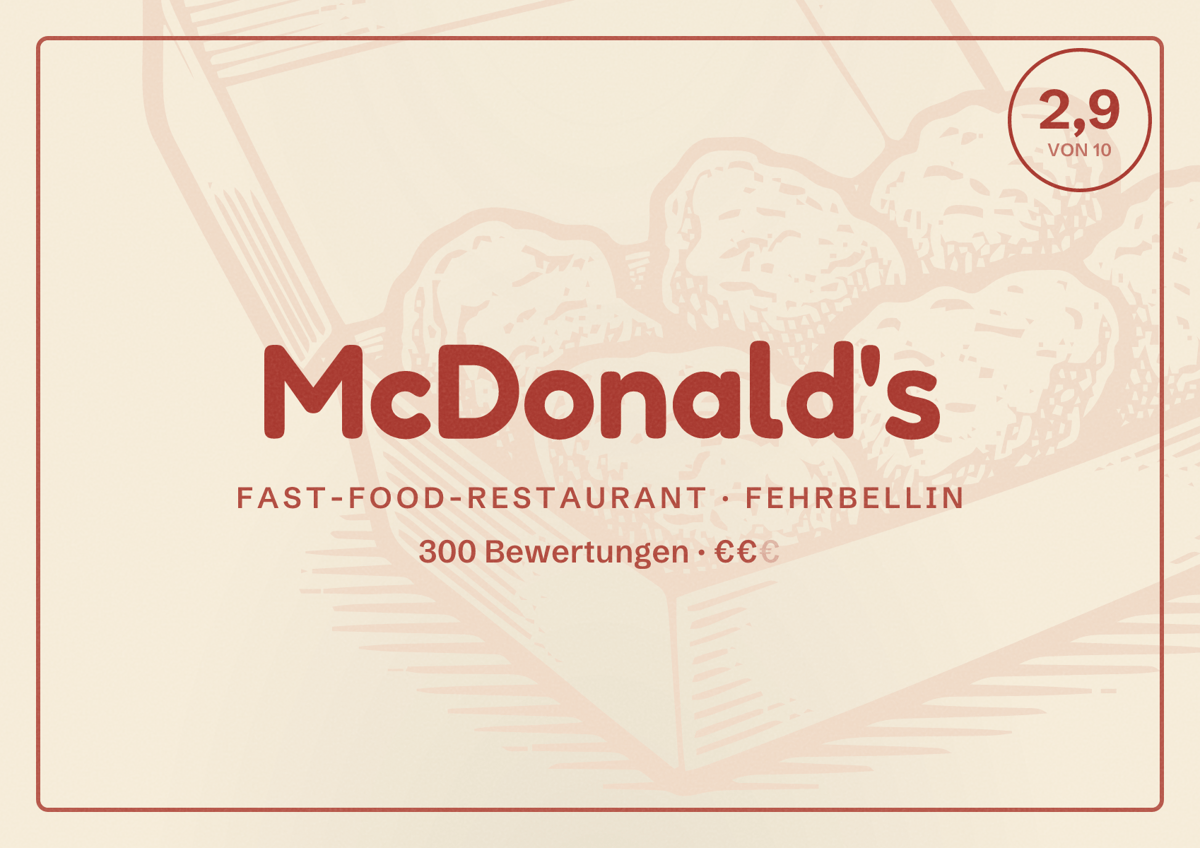 Illustriertes Poster von McDonald's, Fast-Food-Restaurant in Fehrbellin: Bewertung 2,9 von 10 aus 300 Bewertungen, Preisniveau €€
