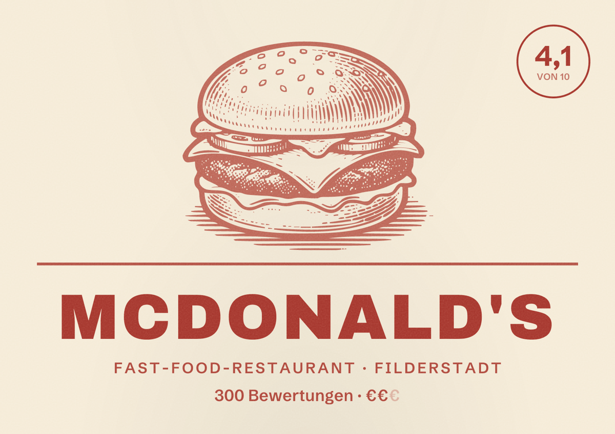 Illustriertes Poster von McDonald's, Fast-Food-Restaurant in Filderstadt: Bewertung 4,1 von 10 aus 300 Bewertungen, Preisniveau €€