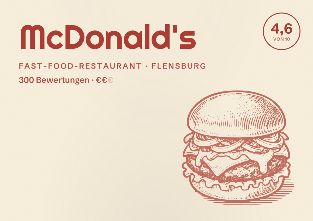 Illustriertes Poster von McDonald's, Fast-Food-Restaurant in Flensburg: Bewertung 4,6 von 10 aus 300 Bewertungen, Preisniveau €€