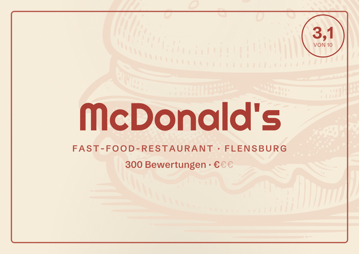 Illustriertes Poster von McDonald's, Fast-Food-Restaurant in Flensburg: Bewertung 3,1 von 10 aus 300 Bewertungen, Preisniveau €