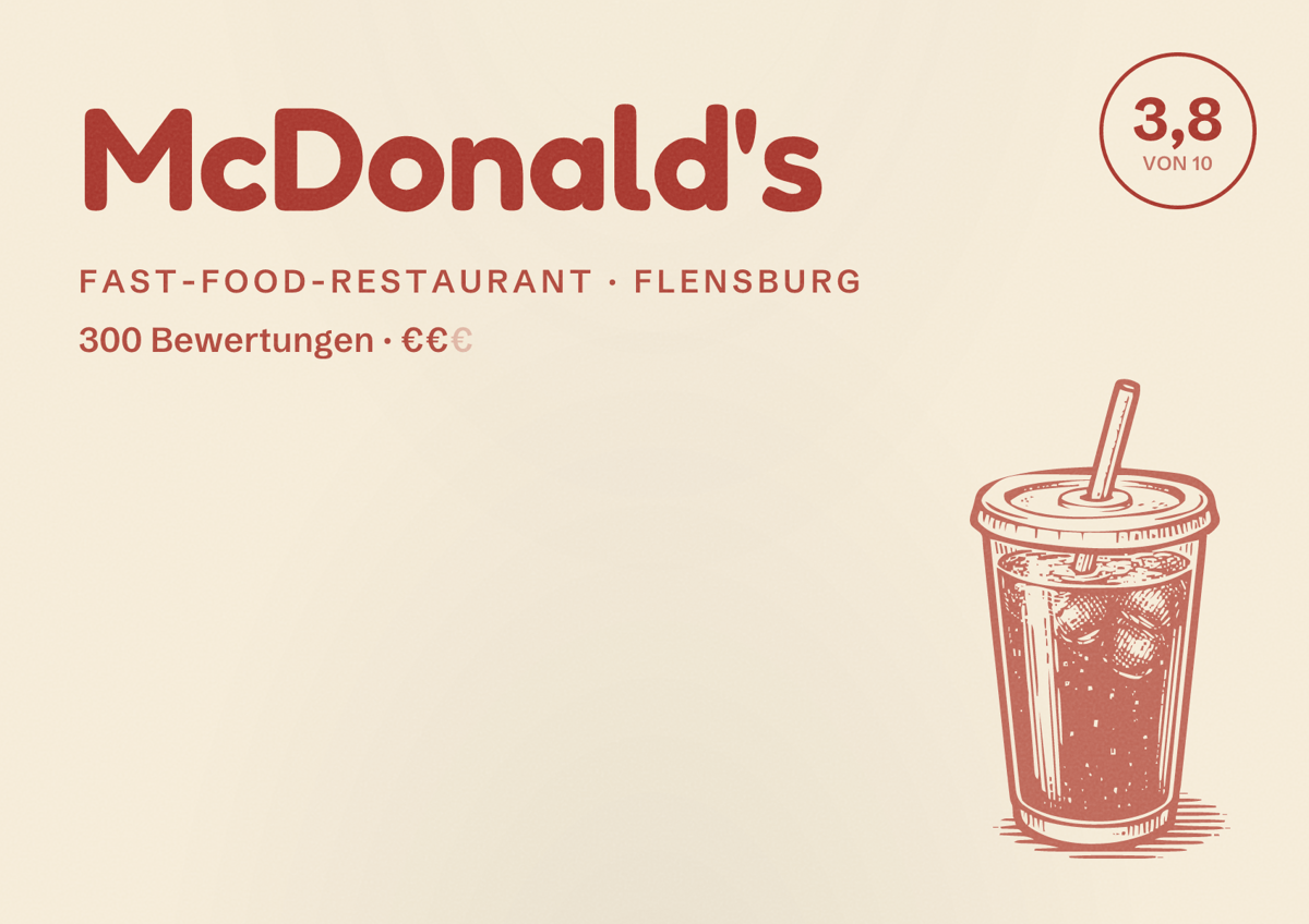 Illustriertes Poster von McDonald's, Fast-Food-Restaurant in Flensburg: Bewertung 3,8 von 10 aus 300 Bewertungen, Preisniveau €€