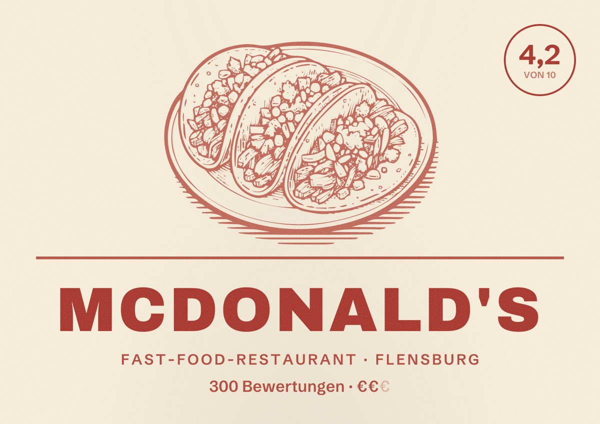 Illustriertes Poster von McDonald's, Fast-Food-Restaurant in Flensburg: Bewertung 4,2 von 10 aus 300 Bewertungen, Preisniveau €€