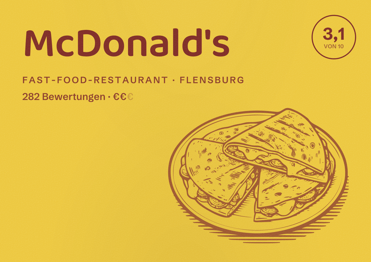Illustriertes Poster von McDonald's, Fast-Food-Restaurant in Flensburg: Bewertung 3,1 von 10 aus 282 Bewertungen, Preisniveau €€