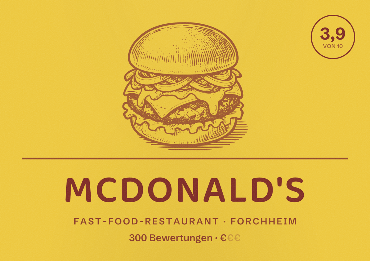 Illustriertes Poster von McDonald's, Fast-Food-Restaurant in Forchheim: Bewertung 3,9 von 10 aus 300 Bewertungen, Preisniveau €