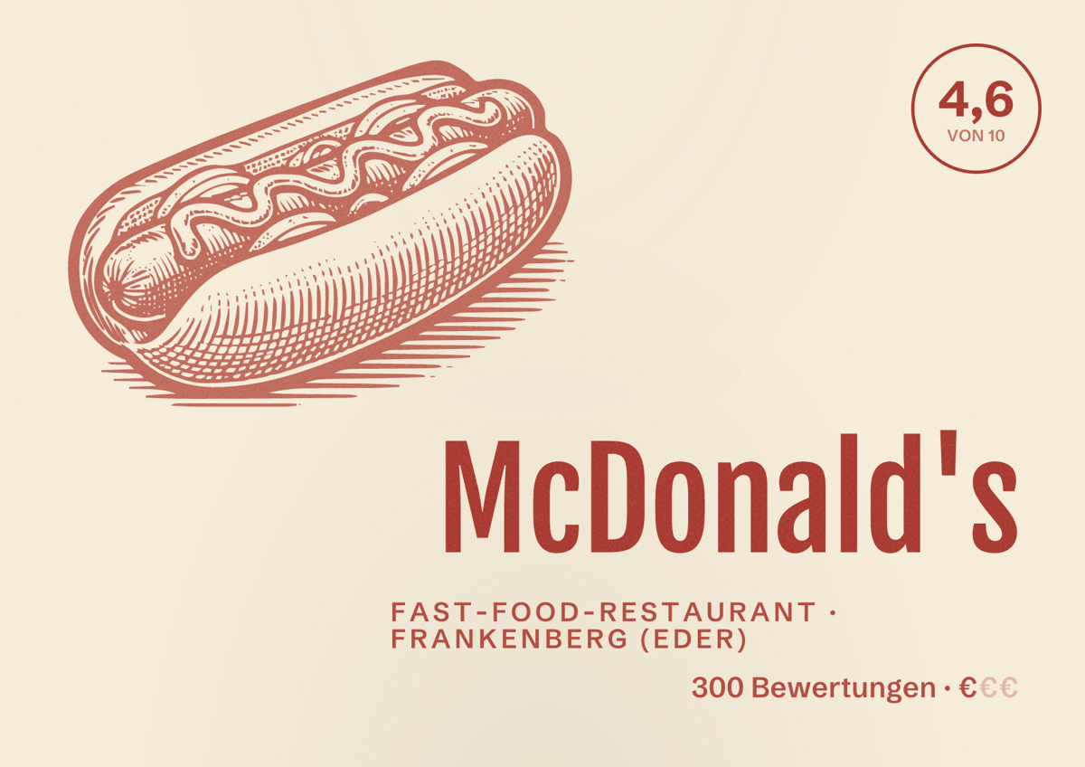 Illustriertes Poster von McDonald's, Fast-Food-Restaurant in Frankenberg (Eder): Bewertung 4,6 von 10 aus 300 Bewertungen, Preisniveau €