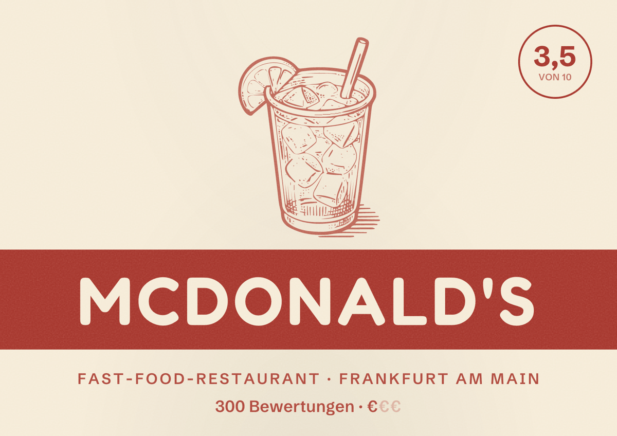 Illustriertes Poster von McDonald's, Fast-Food-Restaurant in Frankfurt am Main: Bewertung 3,5 von 10 aus 300 Bewertungen, Preisniveau €