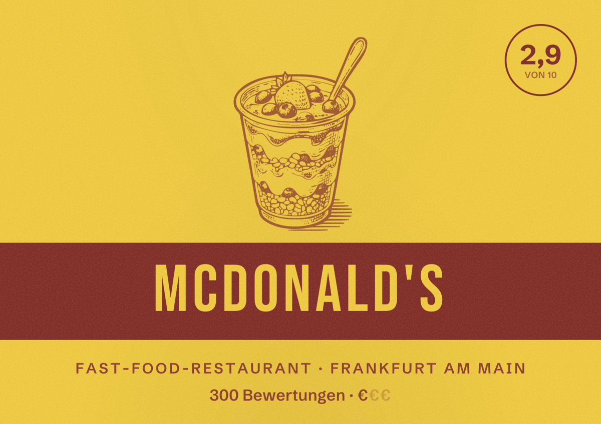 Illustriertes Poster von McDonald's, Fast-Food-Restaurant in Frankfurt am Main: Bewertung 2,9 von 10 aus 300 Bewertungen, Preisniveau €