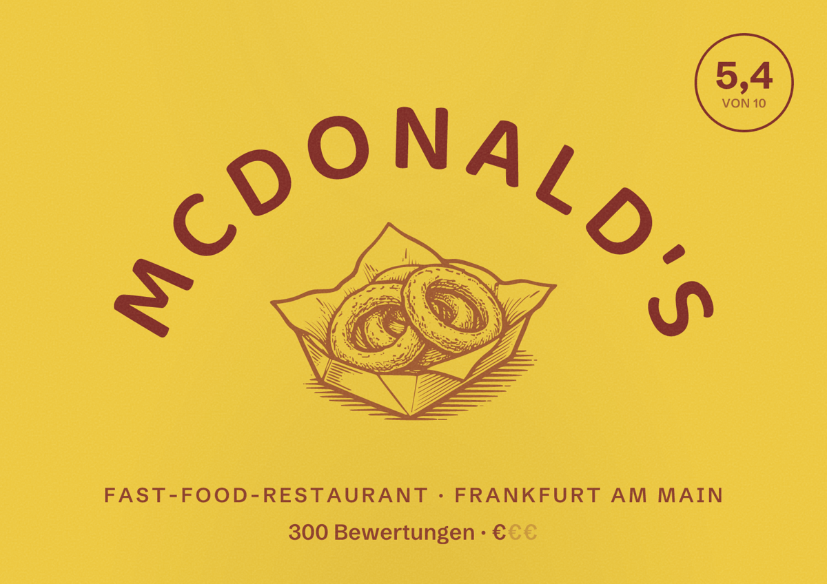 Illustriertes Poster von McDonald's, Fast-Food-Restaurant in Frankfurt am Main: Bewertung 5,4 von 10 aus 300 Bewertungen, Preisniveau €