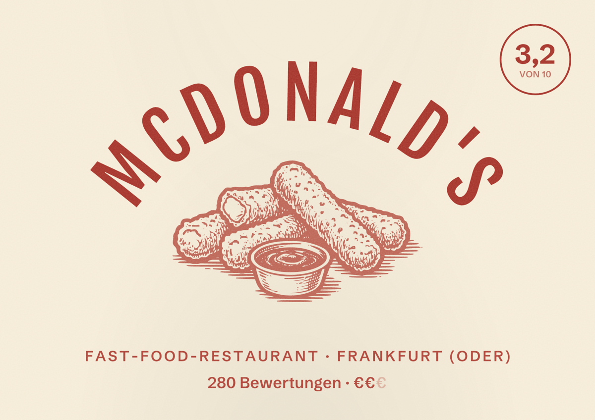 Illustriertes Poster von McDonald's, Fast-Food-Restaurant in Frankfurt (Oder): Bewertung 3,2 von 10 aus 280 Bewertungen, Preisniveau €€