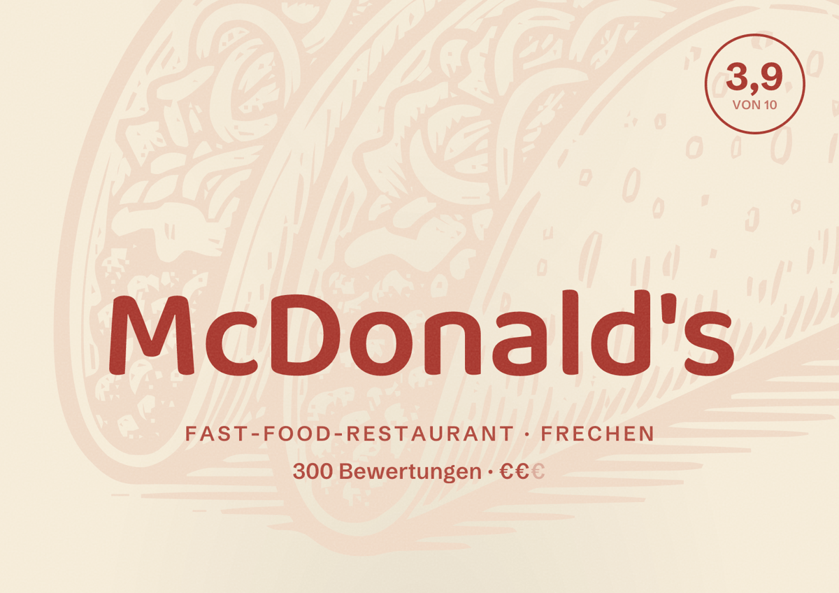 Illustriertes Poster von McDonald's, Fast-Food-Restaurant in Frechen: Bewertung 3,9 von 10 aus 300 Bewertungen, Preisniveau €€