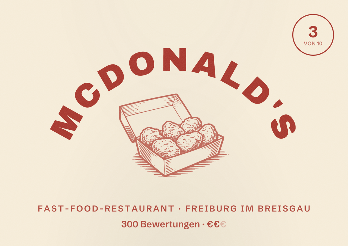 Illustriertes Poster von McDonald's, Fast-Food-Restaurant in Freiburg im Breisgau: Bewertung 3,0 von 10 aus 300 Bewertungen, Preisniveau €€