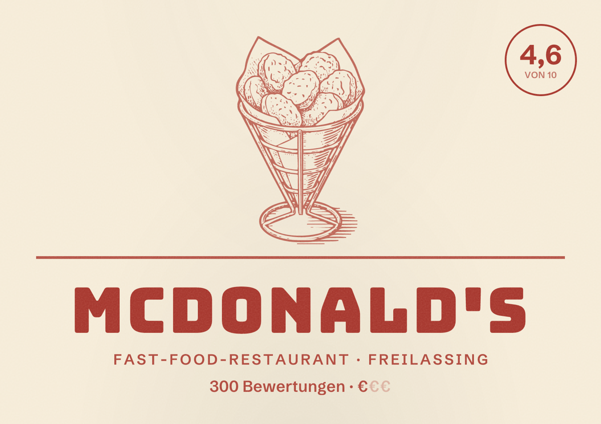 Illustriertes Poster von McDonald's, Fast-Food-Restaurant in Freilassing: Bewertung 4,6 von 10 aus 300 Bewertungen, Preisniveau €