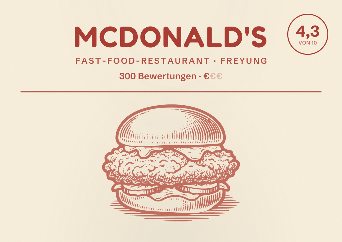 Illustriertes Poster von McDonald's, Fast-Food-Restaurant in Freyung: Bewertung 4,3 von 10 aus 300 Bewertungen, Preisniveau €