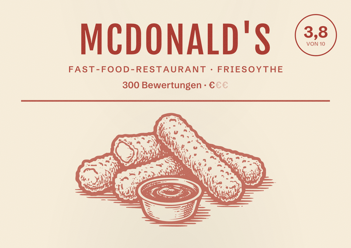 Illustriertes Poster von McDonald's, Fast-Food-Restaurant in Friesoythe: Bewertung 3,8 von 10 aus 300 Bewertungen, Preisniveau €