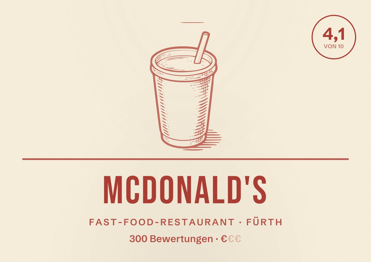 Illustriertes Poster von McDonald's, Fast-Food-Restaurant in Fürth: Bewertung 4,1 von 10 aus 300 Bewertungen, Preisniveau €