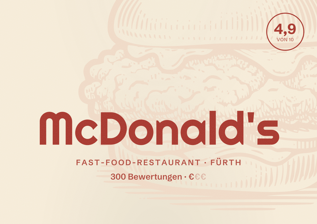 Illustriertes Poster von McDonald's, Fast-Food-Restaurant in Fürth: Bewertung 4,9 von 10 aus 300 Bewertungen, Preisniveau €