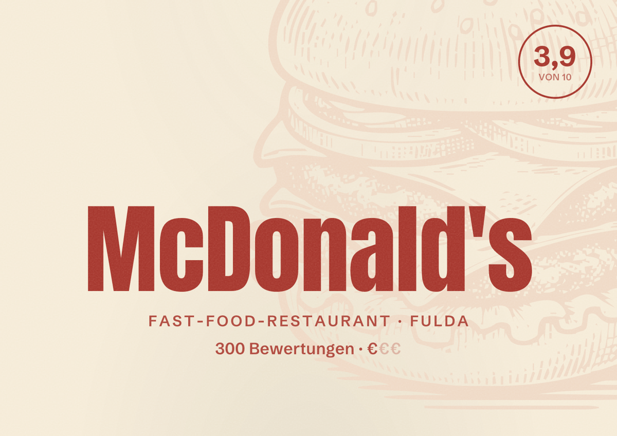 Illustriertes Poster von McDonald's, Fast-Food-Restaurant in Fulda: Bewertung 3,9 von 10 aus 300 Bewertungen, Preisniveau €