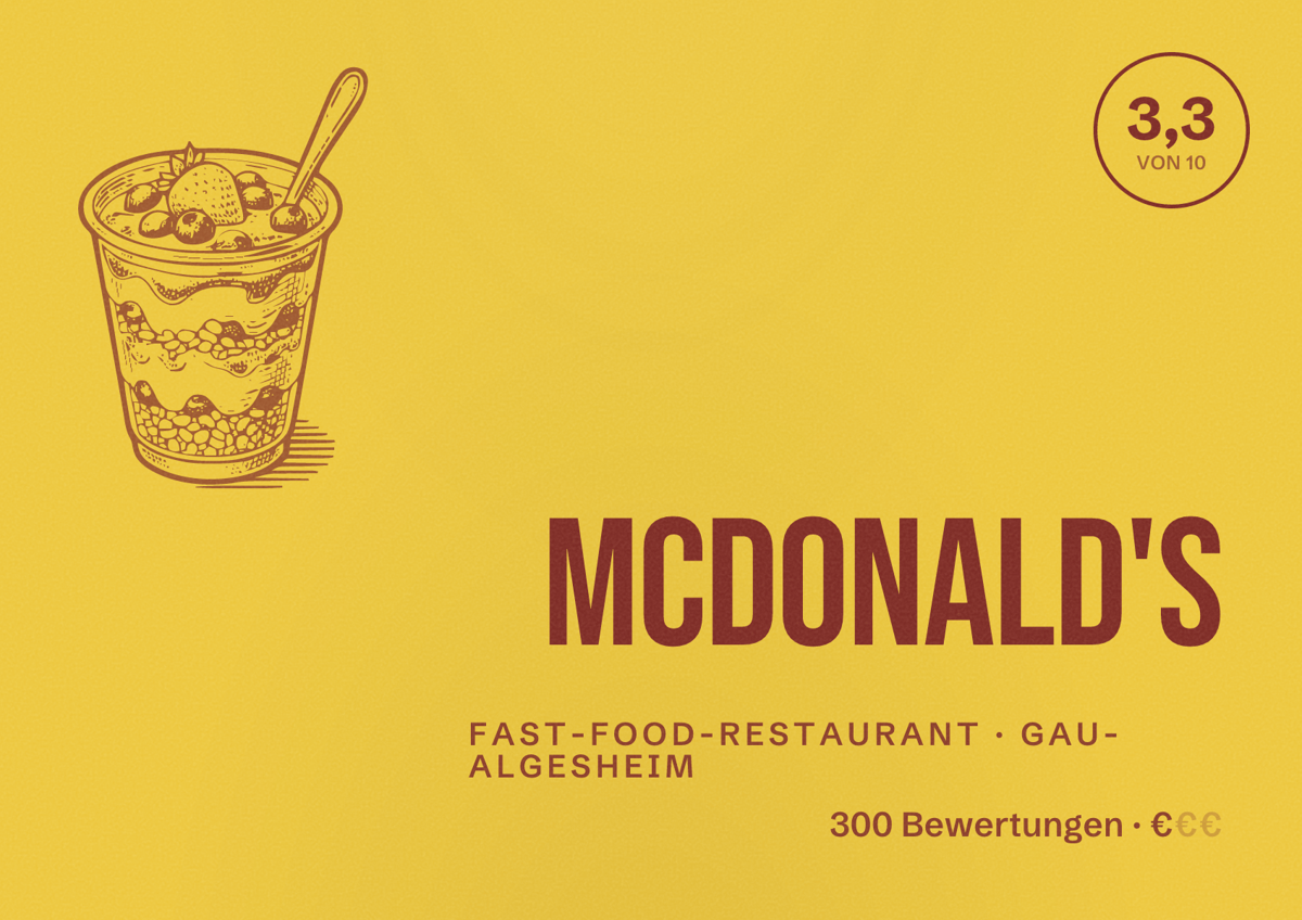 Illustriertes Poster von McDonald's, Fast-Food-Restaurant in Gau-Algesheim: Bewertung 3,3 von 10 aus 300 Bewertungen, Preisniveau €