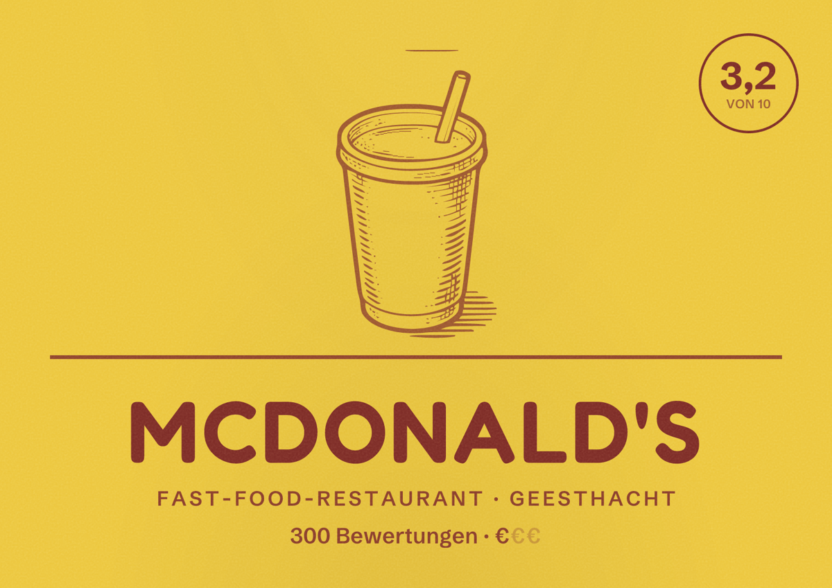 Illustriertes Poster von McDonald's, Fast-Food-Restaurant in Geesthacht: Bewertung 3,2 von 10 aus 300 Bewertungen, Preisniveau €