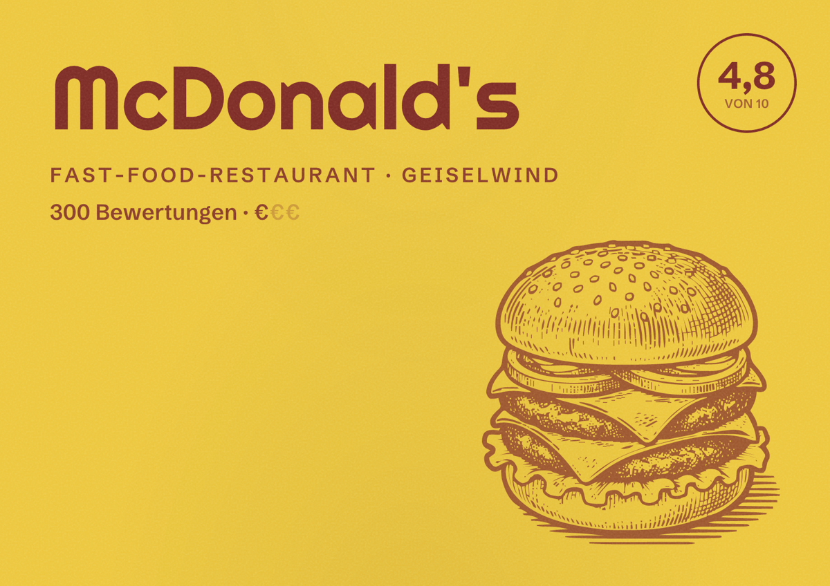 Illustriertes Poster von McDonald's, Fast-Food-Restaurant in Geiselwind: Bewertung 4,8 von 10 aus 300 Bewertungen, Preisniveau €