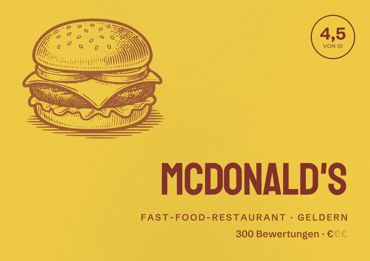 Illustriertes Poster von McDonald's, Fast-Food-Restaurant in Geldern: Bewertung 4,5 von 10 aus 300 Bewertungen, Preisniveau €