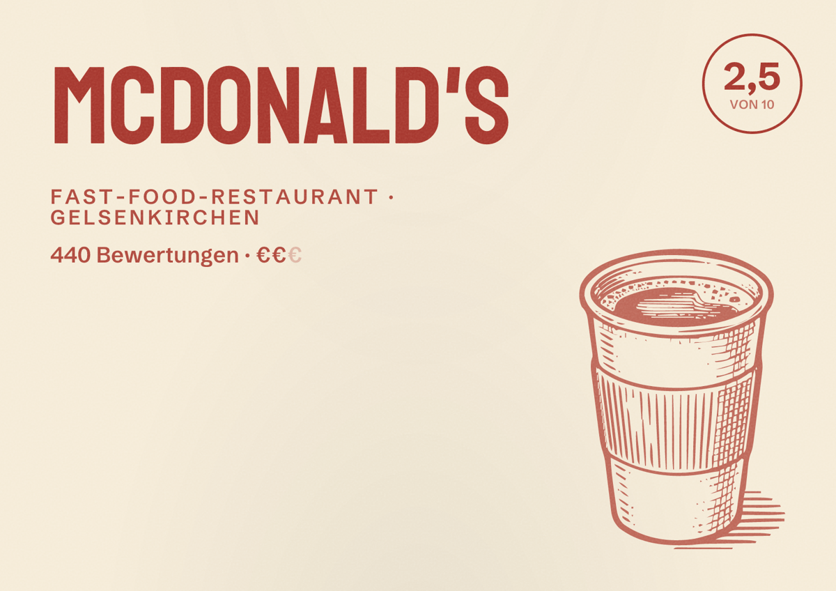 Illustriertes Poster von McDonald's, Fast-Food-Restaurant in Gelsenkirchen: Bewertung 2,5 von 10 aus 440 Bewertungen, Preisniveau €€