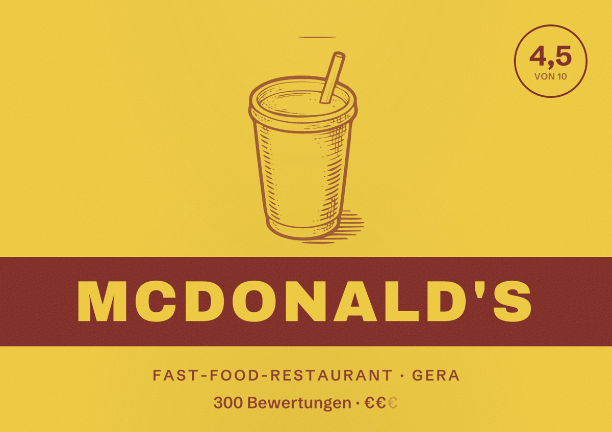 Illustriertes Poster von McDonald's, Fast-Food-Restaurant in Gera: Bewertung 4,5 von 10 aus 300 Bewertungen, Preisniveau €€