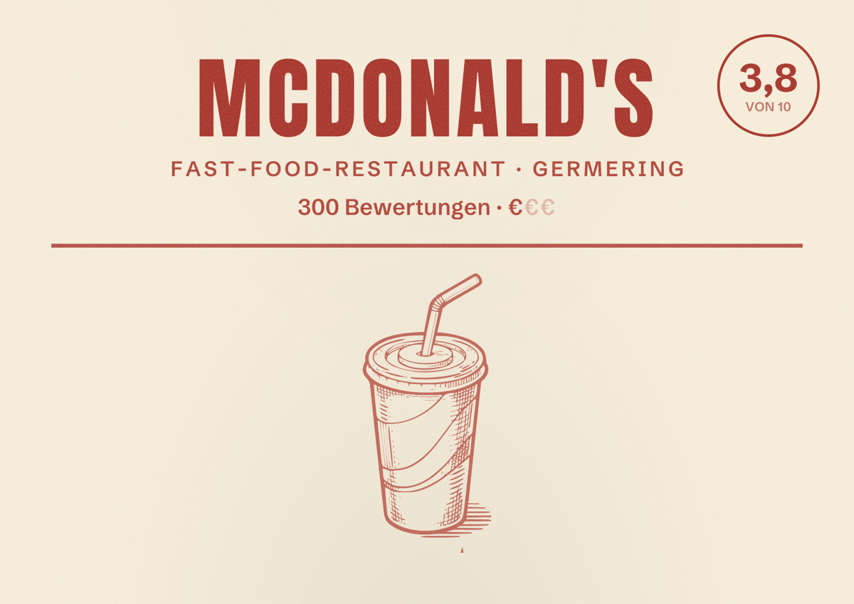 Illustriertes Poster von McDonald's, Fast-Food-Restaurant in Germering: Bewertung 3,8 von 10 aus 300 Bewertungen, Preisniveau €
