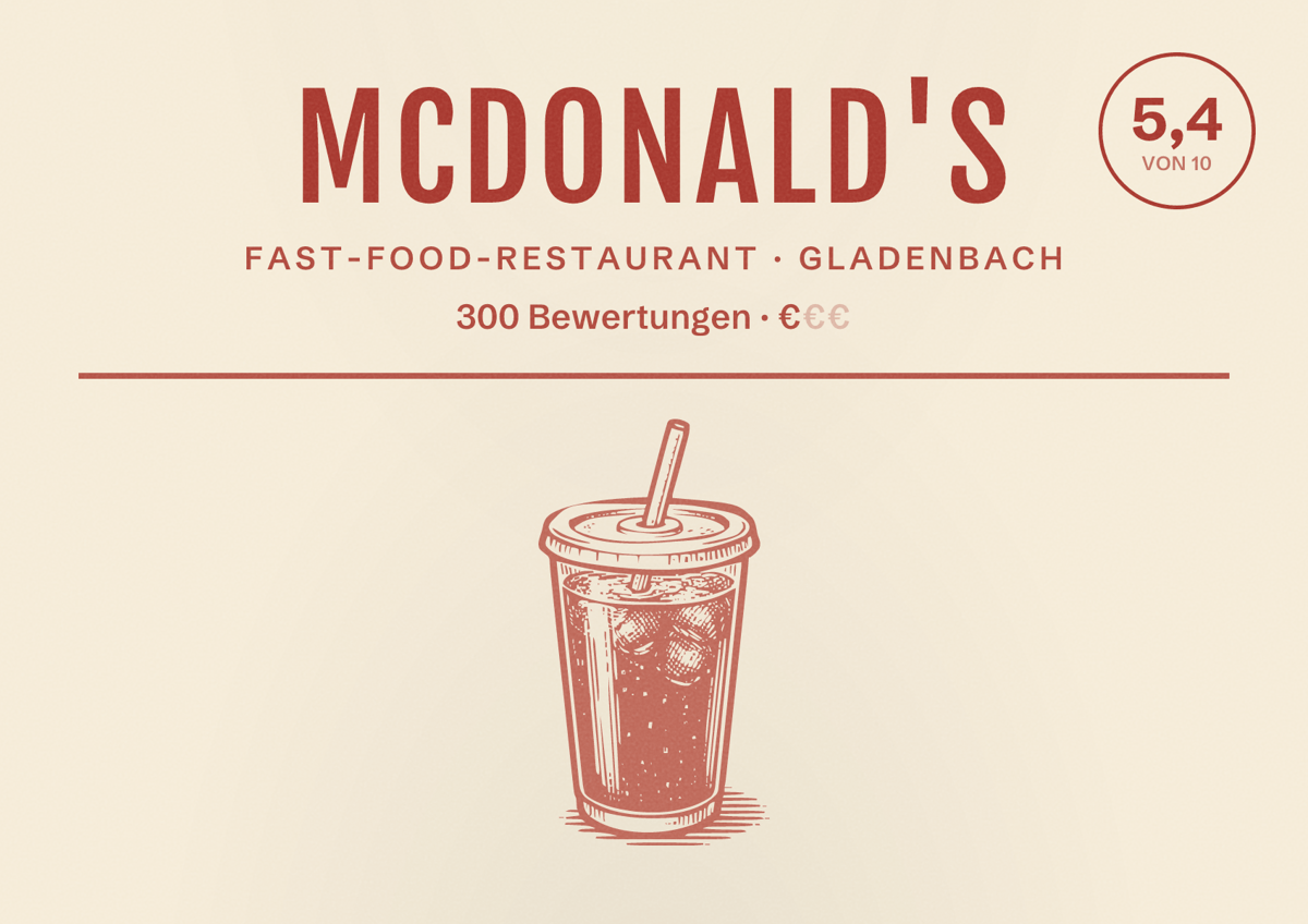 Illustriertes Poster von McDonald's, Fast-Food-Restaurant in Gladenbach: Bewertung 5,4 von 10 aus 300 Bewertungen, Preisniveau €