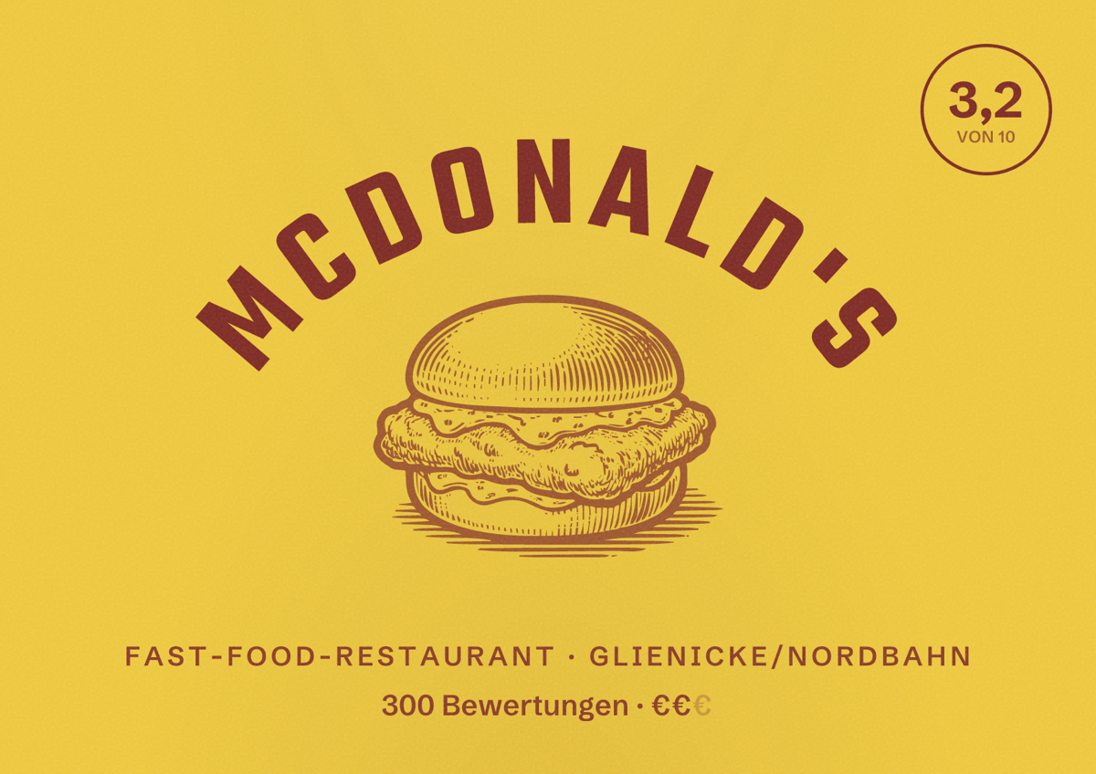 Illustriertes Poster von McDonald's, Fast-Food-Restaurant in Glienicke/Nordbahn: Bewertung 3,2 von 10 aus 300 Bewertungen, Preisniveau €€