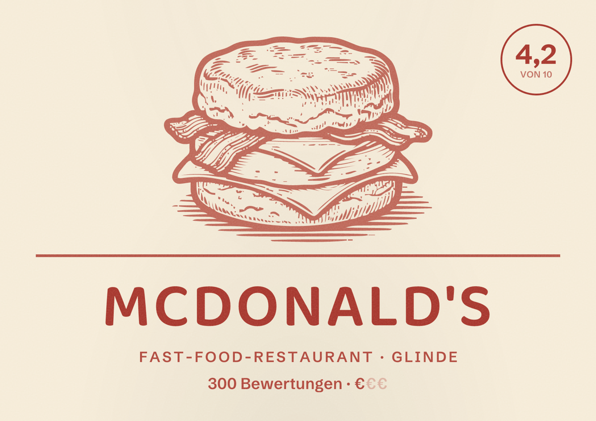Illustriertes Poster von McDonald's, Fast-Food-Restaurant in Glinde: Bewertung 4,2 von 10 aus 300 Bewertungen, Preisniveau €
