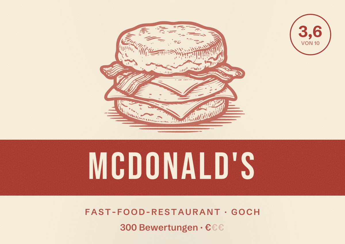 Illustriertes Poster von McDonald's, Fast-Food-Restaurant in Goch: Bewertung 3,6 von 10 aus 300 Bewertungen, Preisniveau €