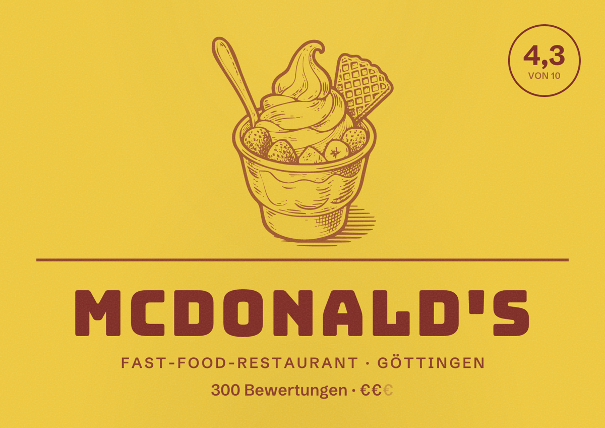 Illustriertes Poster von McDonald's, Fast-Food-Restaurant in Göttingen: Bewertung 4,3 von 10 aus 300 Bewertungen, Preisniveau €€