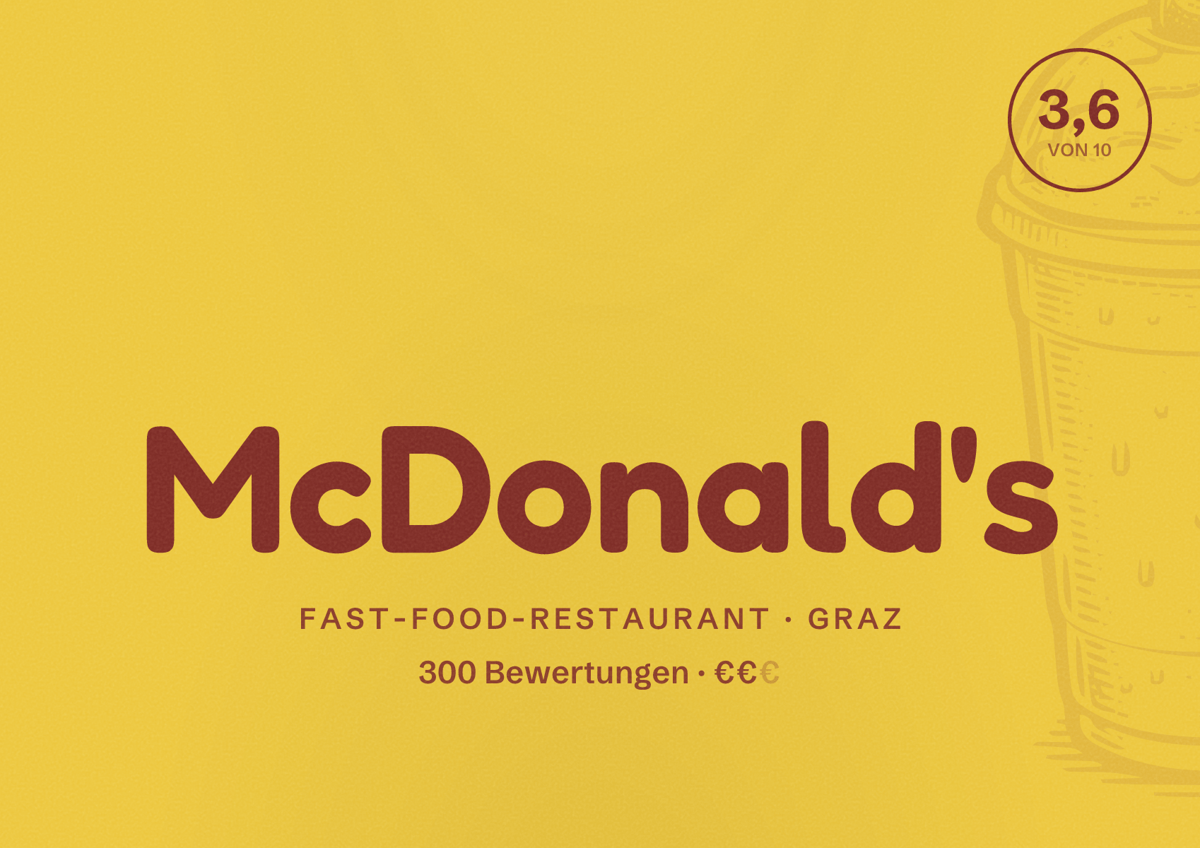 Illustriertes Poster von McDonald's, Fast-Food-Restaurant in Graz: Bewertung 3,6 von 10 aus 300 Bewertungen, Preisniveau €€
