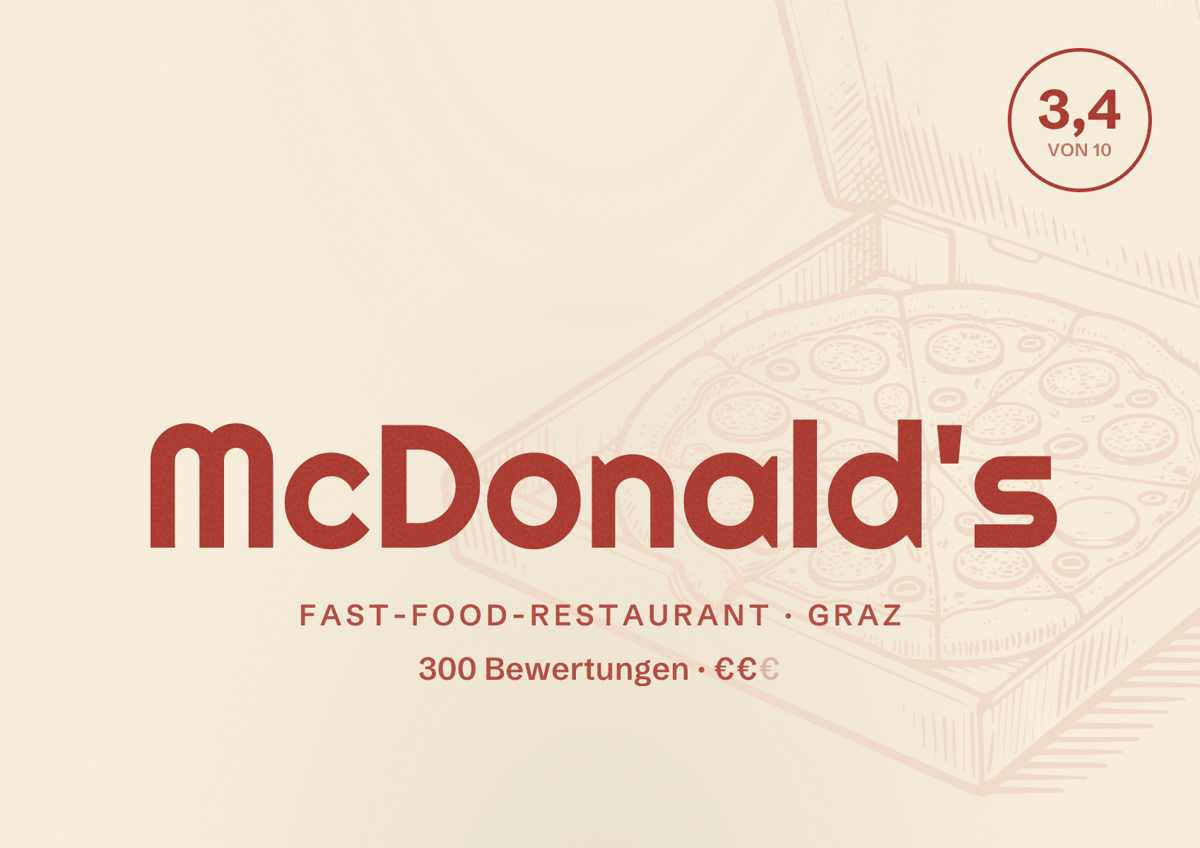 Illustriertes Poster von McDonald's, Fast-Food-Restaurant in Graz: Bewertung 3,4 von 10 aus 300 Bewertungen, Preisniveau €€