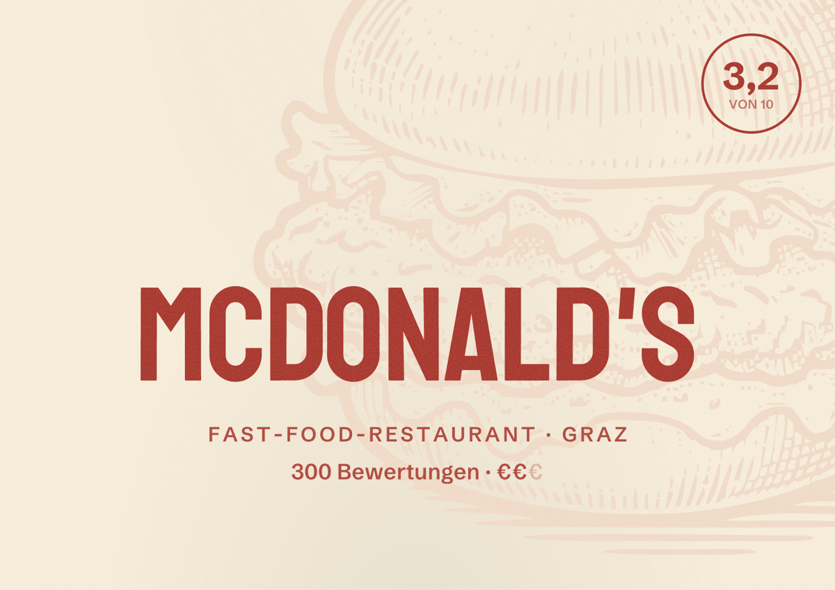 Illustriertes Poster von McDonald's, Fast-Food-Restaurant in Graz: Bewertung 3,2 von 10 aus 300 Bewertungen, Preisniveau €€