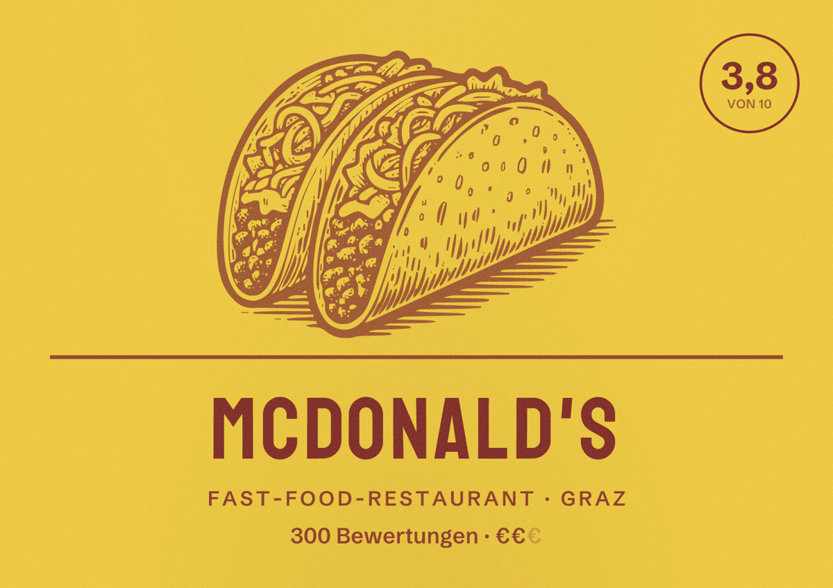 Illustriertes Poster von McDonald's, Fast-Food-Restaurant in Graz: Bewertung 3,8 von 10 aus 300 Bewertungen, Preisniveau €€