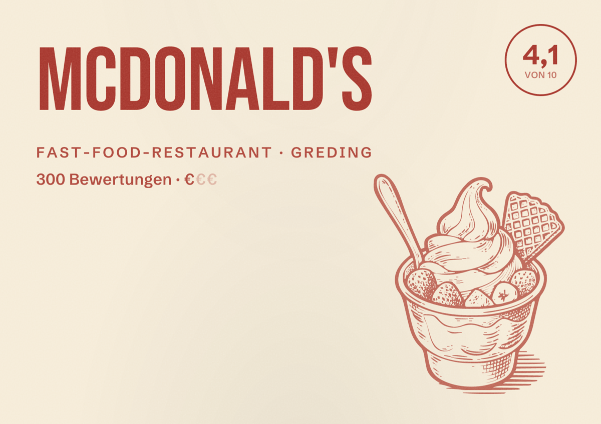 Illustriertes Poster von McDonald's, Fast-Food-Restaurant in Greding: Bewertung 4,1 von 10 aus 300 Bewertungen, Preisniveau €