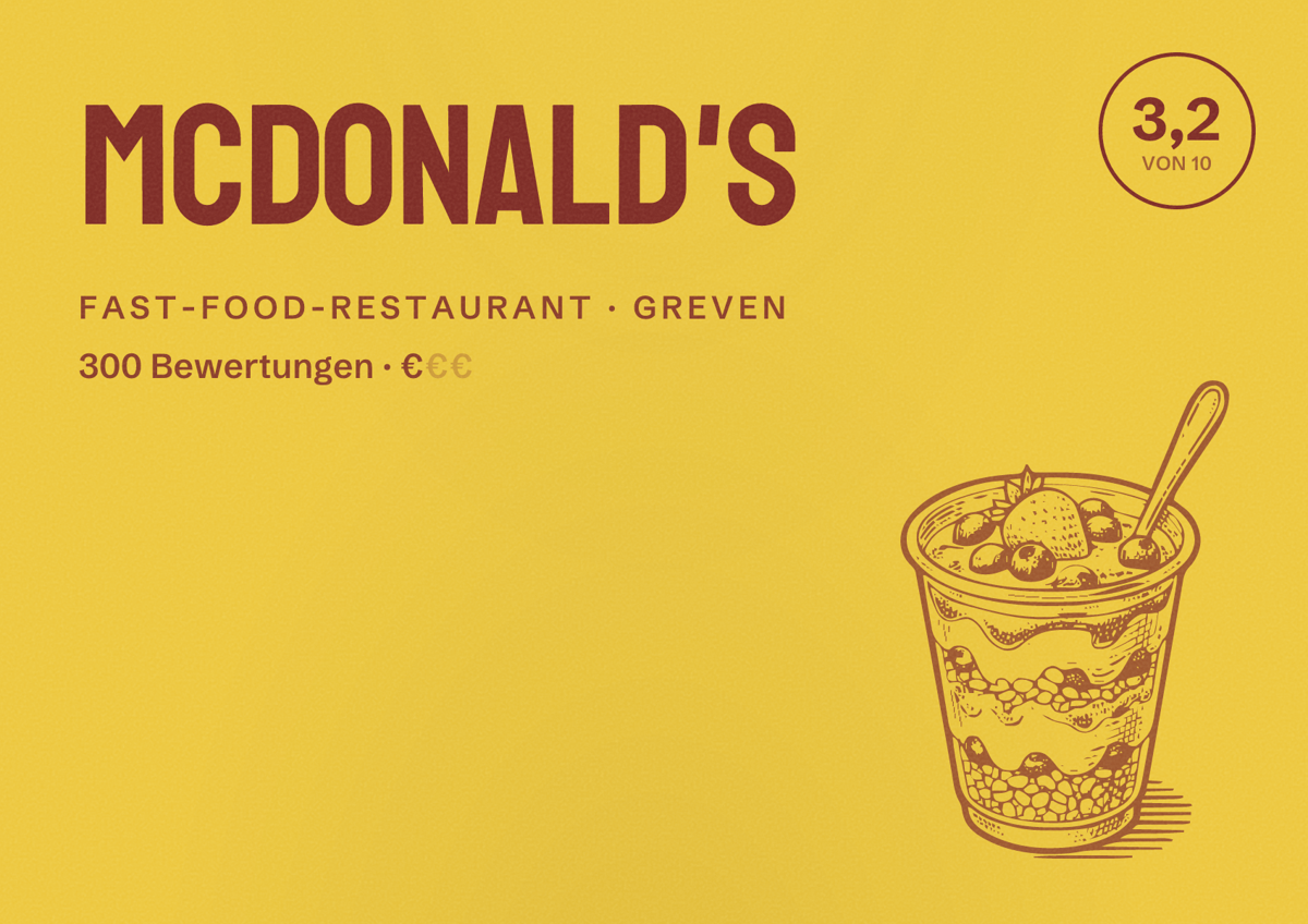 Illustriertes Poster von McDonald's, Fast-Food-Restaurant in Greven: Bewertung 3,2 von 10 aus 300 Bewertungen, Preisniveau €