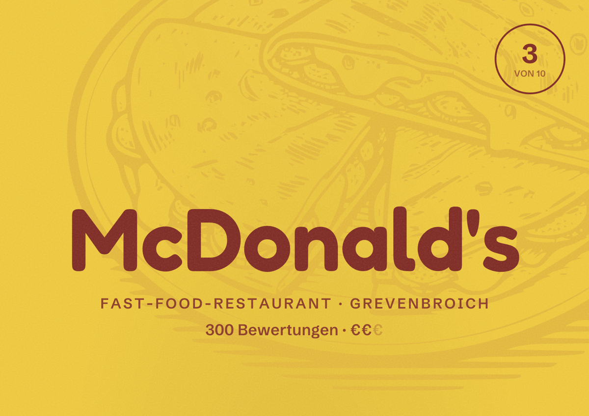 Illustriertes Poster von McDonald's, Fast-Food-Restaurant in Grevenbroich: Bewertung 3 von 10 aus 300 Bewertungen, Preisniveau €€