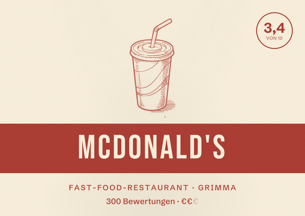 Illustriertes Poster von McDonald's, Fast-Food-Restaurant in Grimma: Bewertung 3,4 von 10 aus 300 Bewertungen, Preisniveau €€