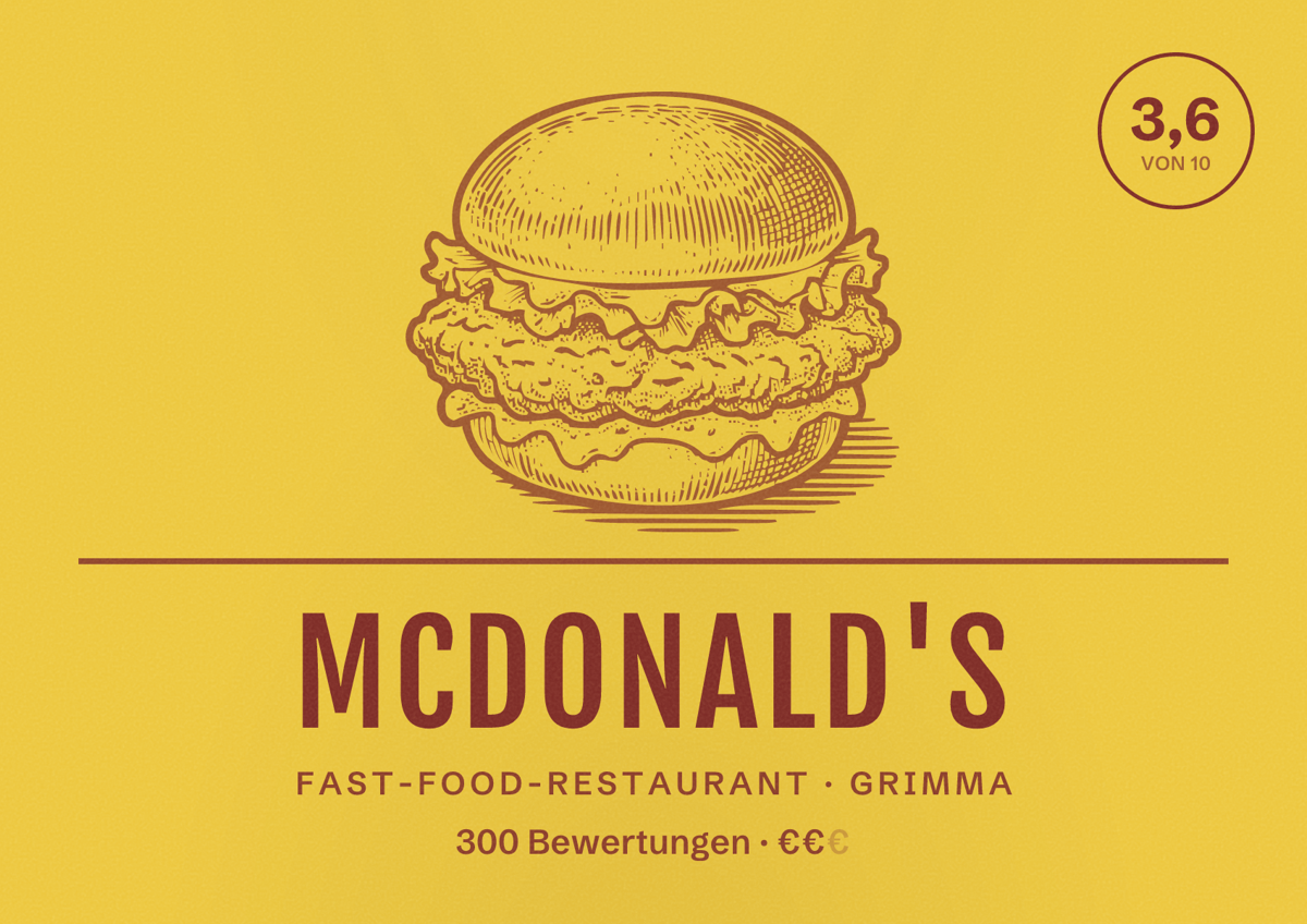 Illustriertes Poster von McDonald's, Fast-Food-Restaurant in Grimma: Bewertung 3,6 von 10 aus 300 Bewertungen, Preisniveau €€