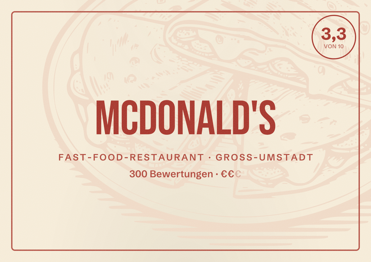 Illustriertes Poster von McDonald's, Fast-Food-Restaurant in Groß-Umstadt: Bewertung 3,3 von 10 aus 300 Bewertungen, Preisniveau €€