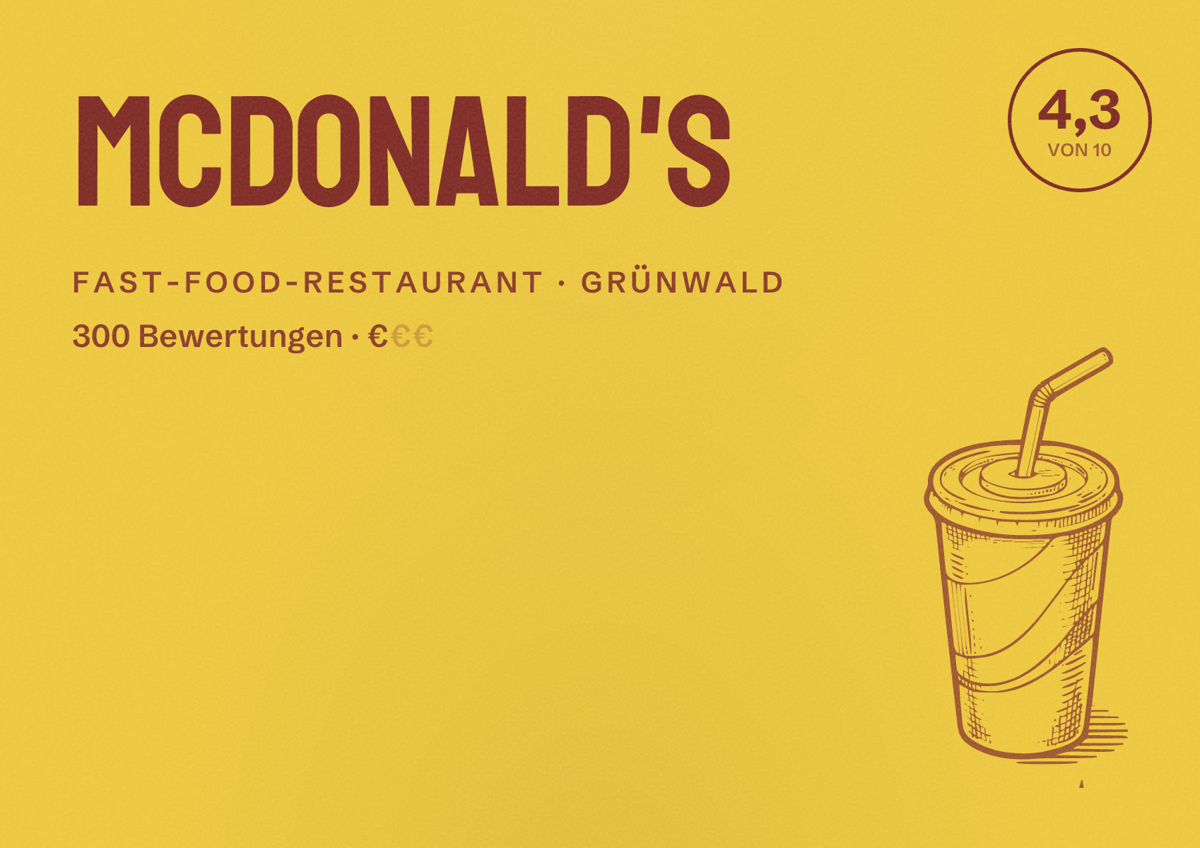 Illustriertes Poster von McDonald's, Fast-Food-Restaurant in Grünwald: Bewertung 4,3 von 10 aus 300 Bewertungen, Preisniveau €