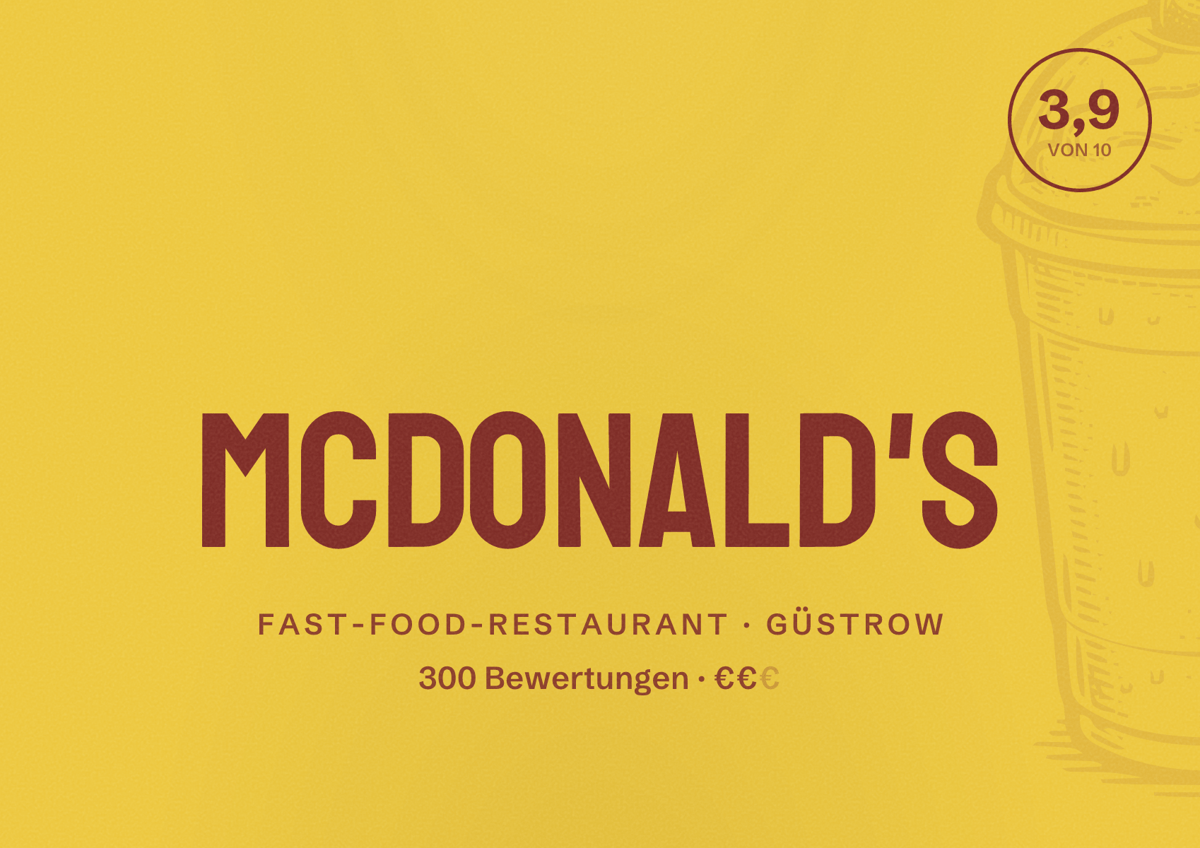 Illustriertes Poster von McDonald's, Fast-Food-Restaurant in Güstrow: Bewertung 3,9 von 10 aus 300 Bewertungen, Preisniveau €€