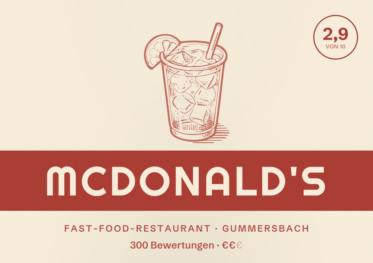 Illustriertes Poster von McDonald's, Fast-Food-Restaurant in Gummersbach: Bewertung 2,9 von 10 aus 300 Bewertungen, Preisniveau €€